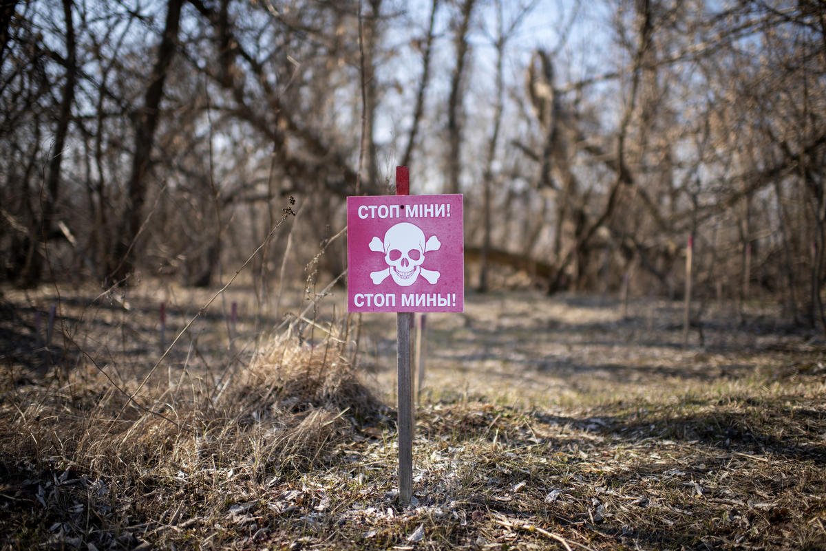 Ukraine. A warning sign for landmines in the Donbas area