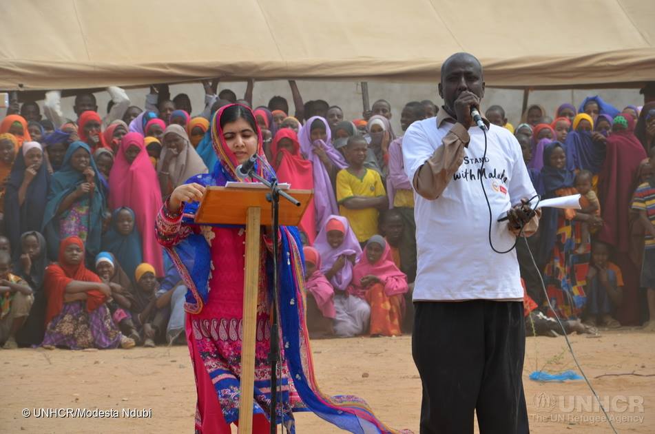 Malala addressing the gathering at Juba Sports Complex in Dagahaley