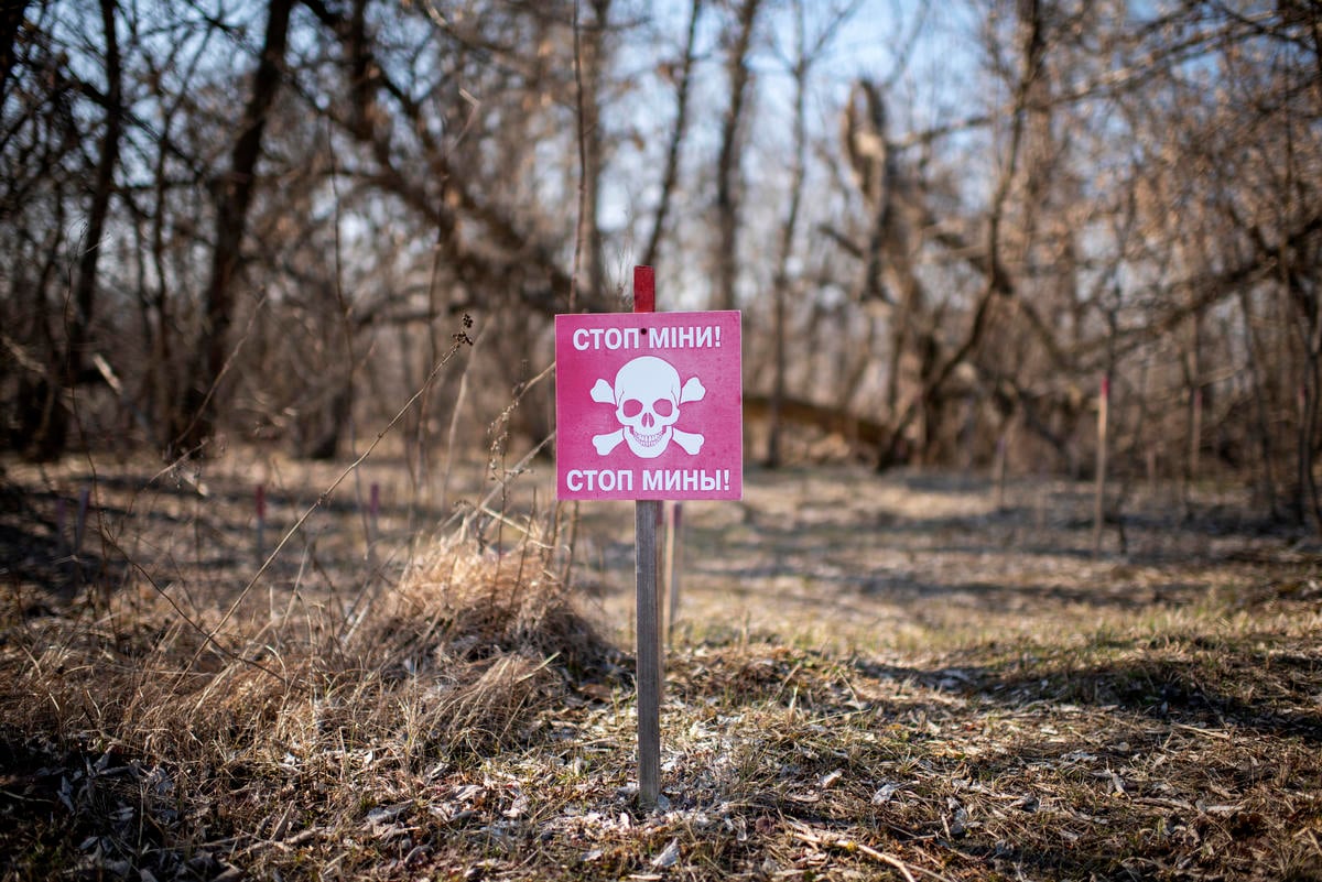 Ukraine. A warning sign for landmines in the Donbas area