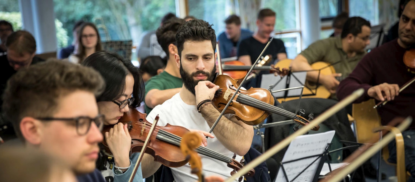 Germany. Bridges, a Frankfurt-based orchestra of international musicians, a number of whom are refugees from Syria, Iran, Afghanistan and Eritrea