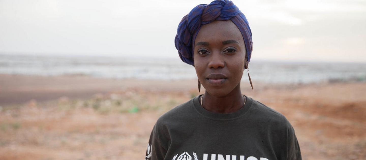 Portrait of UNHCR Goodwill Ambassador Emi Mahmoud against the backdrop of Azraq refugee camp in Jordan in March 2018.