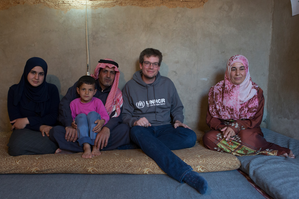 Jordan. UNHCR High Profile Supporter John Green visits Mousa Mohammad Al Ammari and his family.