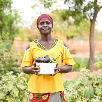 Burkina Faso. IDP Marie Dabini holding her eggplant harvest