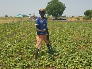 Oyuoh Dak Awang, 46, a father of eight, fled Malakal in 2013, spent over a decade in Sudan, then returned and learned vegetable farming from neighbours before being selected for UNHCR training and support in March 2025. 