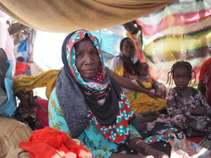 Sudanese refugee Bizima and her family live in a makeshift shelter in the border town of Adre after fleeing to Chad due to violence and hunger