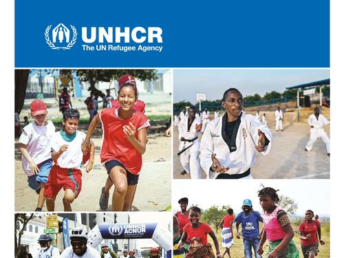 Cover of the UNHCR Sport Strategy, featuring multiple photos of children and young people playing sport. 