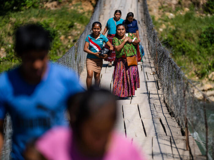 A small suspension bridge used by refugees and asylum-seekers to cross from Guatemala to Belize in the village of Arenal in Belize on the border with Guatemala.