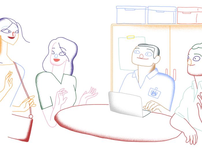 Illustration of four people sitting together at a table.