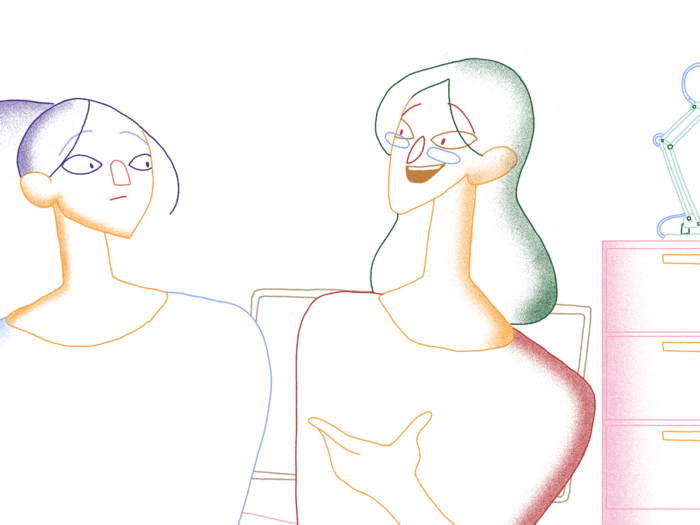 Illustration of two women talking to each other.