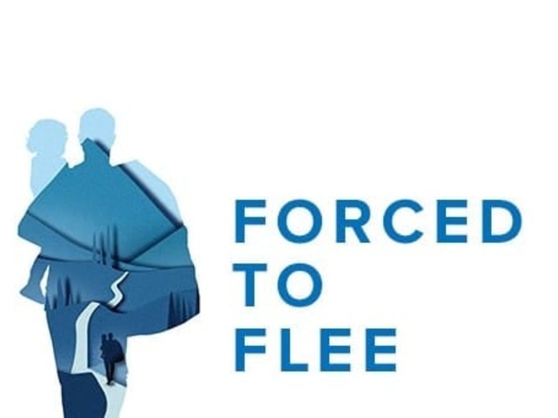 The cover of the Forced to Flee podcast, featuring a drawing of a person carrying a child