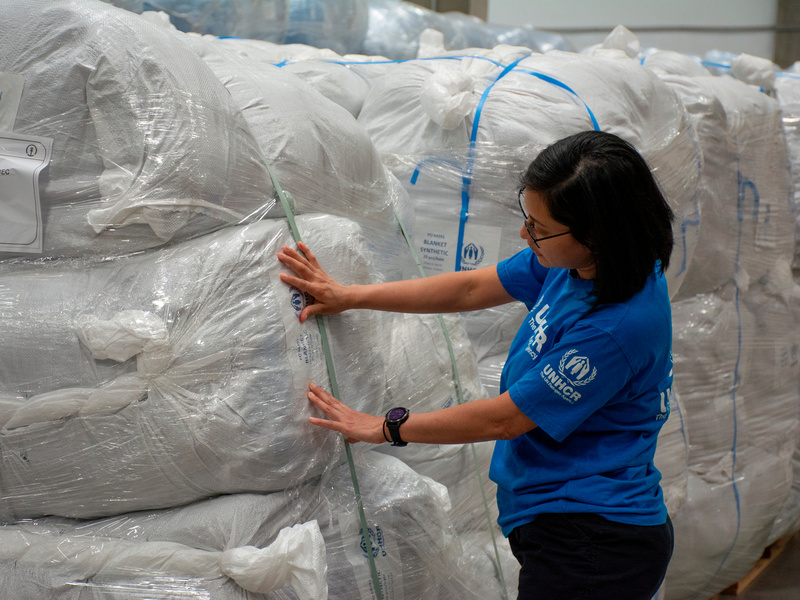 Sustainable Supply Officer Tzitzi Caldera Fonseca at a UNHCR warehouse in Ullo, Hungary.