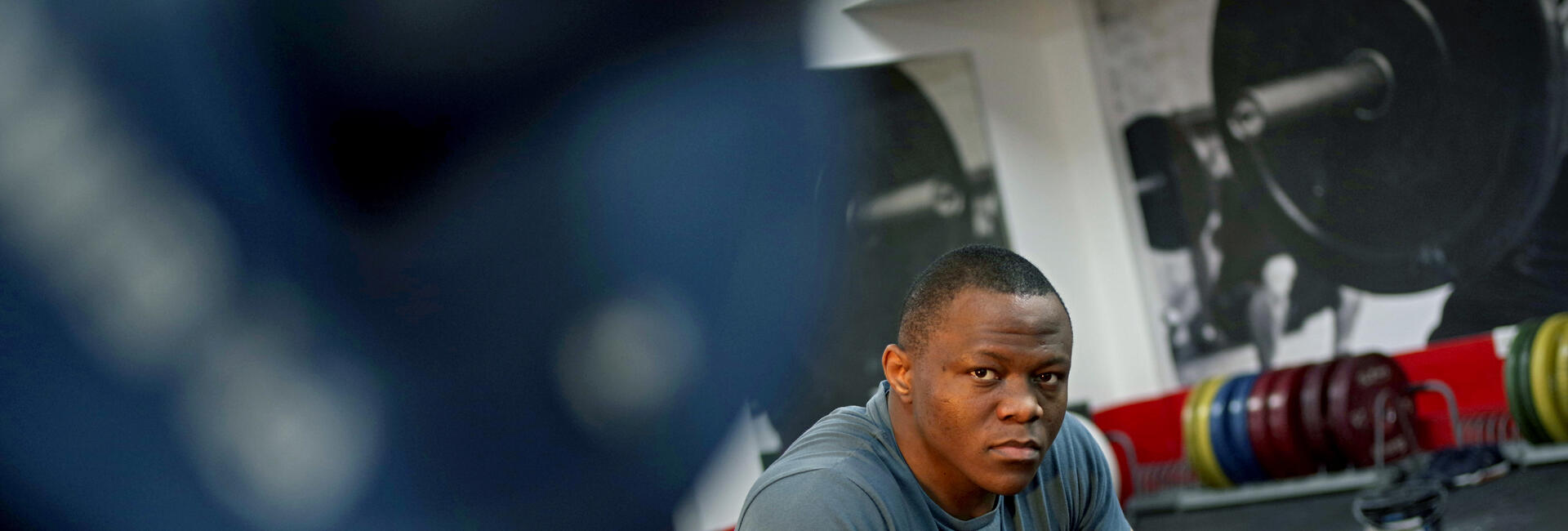 Cyrille Tchatchet, refugee athlete from Cameroon is seen during his training session in the gym of the Middlesex University in London
