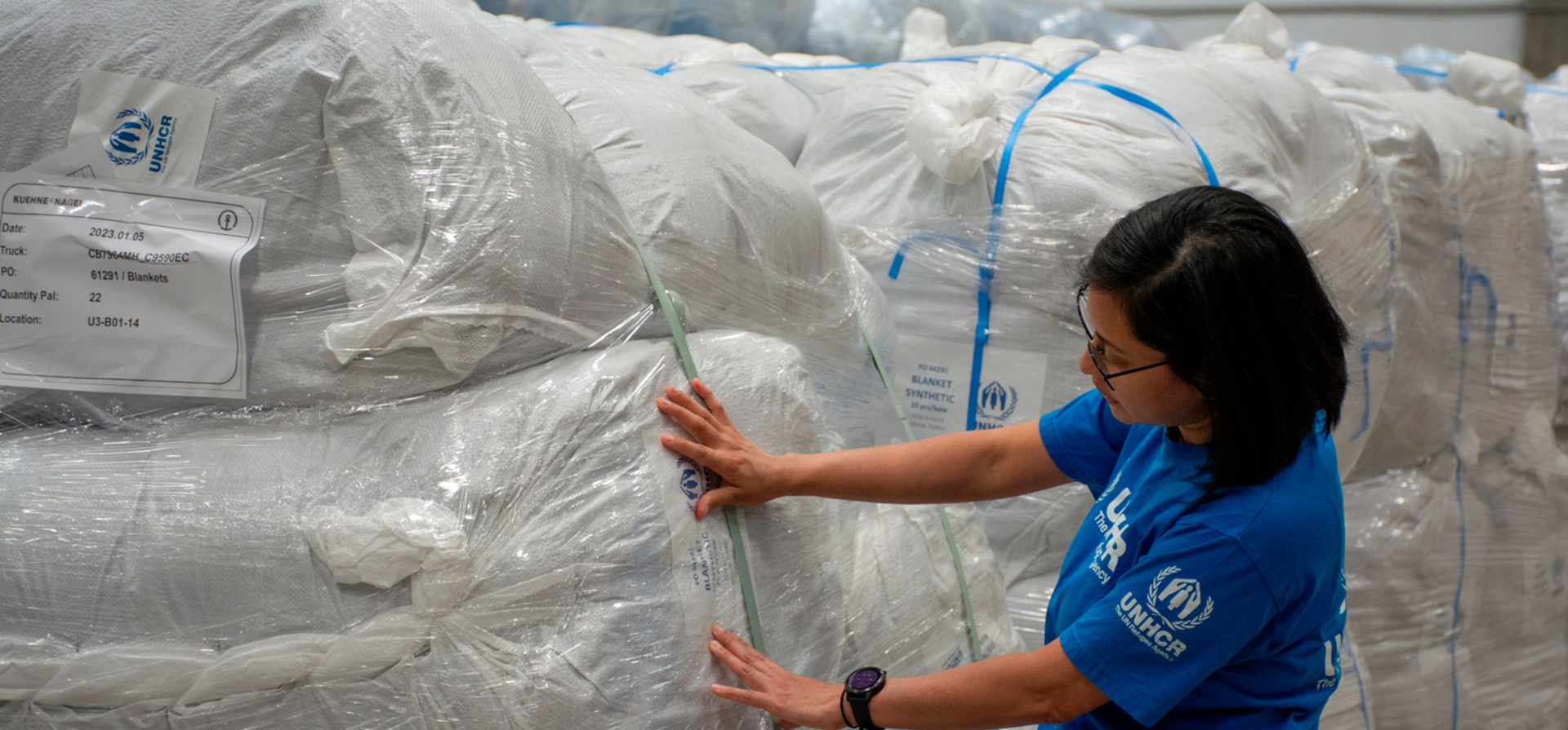 Sustainable Supply Officer Tzitzi Caldera Fonseca at a UNHCR warehouse in Ullo, Hungary.