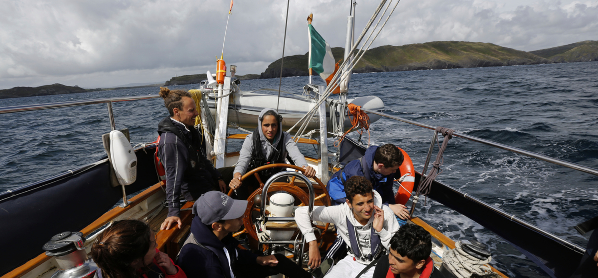 Ireland. A group of teenagers from Ireland and Syrian Asylum seekers participate in sail training off the coast of West Cork