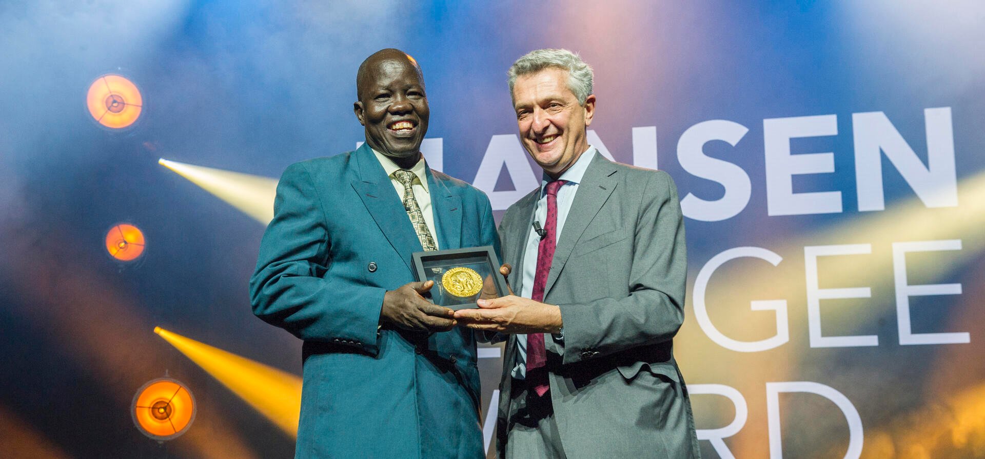 UN High Commissioner for Refugees, Filippo Grandi, presents the 2018 Nansen Refugee Award to Dr. Evan Atar Adaha, a surgeon and medical director at a hospital in north-eastern South Sudan.