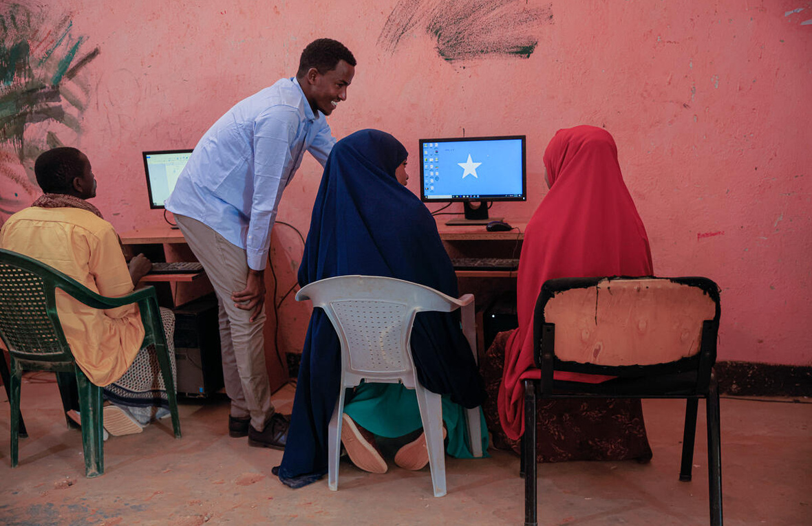 Refugees attend computer lessons at a community run computer training center at Bokolmayo refugee camp, Ethiopia.