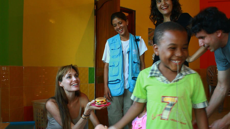 UNHCR Goodwill Ambassador Angelina Jolie visits a daycare centre run by the Women's Federation of Sucumbíos, a province in northern Ecuador.