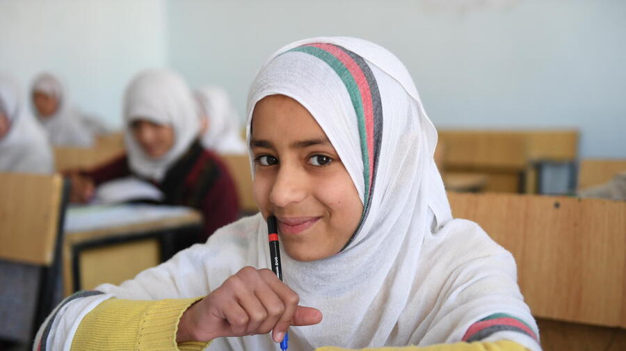 Students attend a class at the Shahid Mohamad Akram Khakrizwal high school for girls in Kandahar, Afghanistan, February 2020.