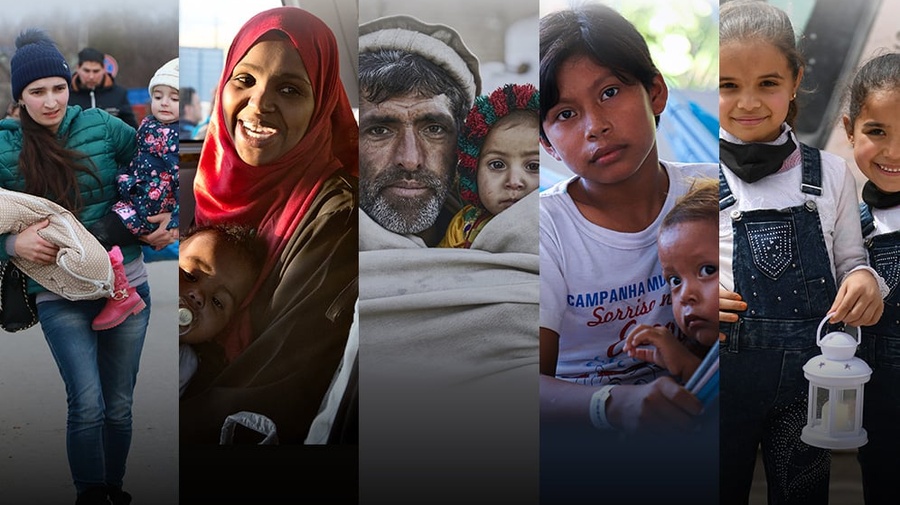 A collage of refugees and displaced people, featuring several adults and children.