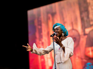 Hungary. Emi Mahmoud  perrms at the Sziget Festival