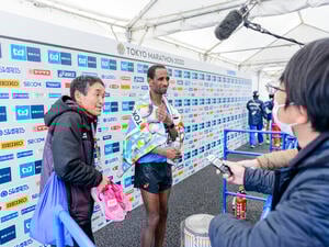 Refugee athlete Yonas Kinde is interviewed after finishing the Tokyo Marathon 2020.