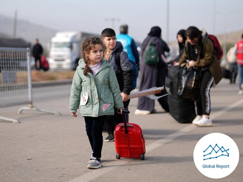 A young Syrian refugee child pulls a small suitcase along a road, heading towards a border crossing.