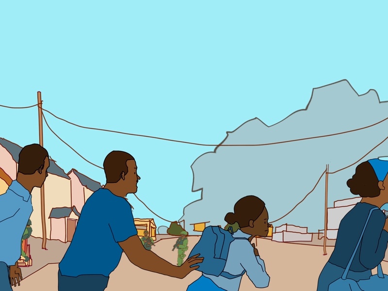 Illustration of refugees running on a road in a city.