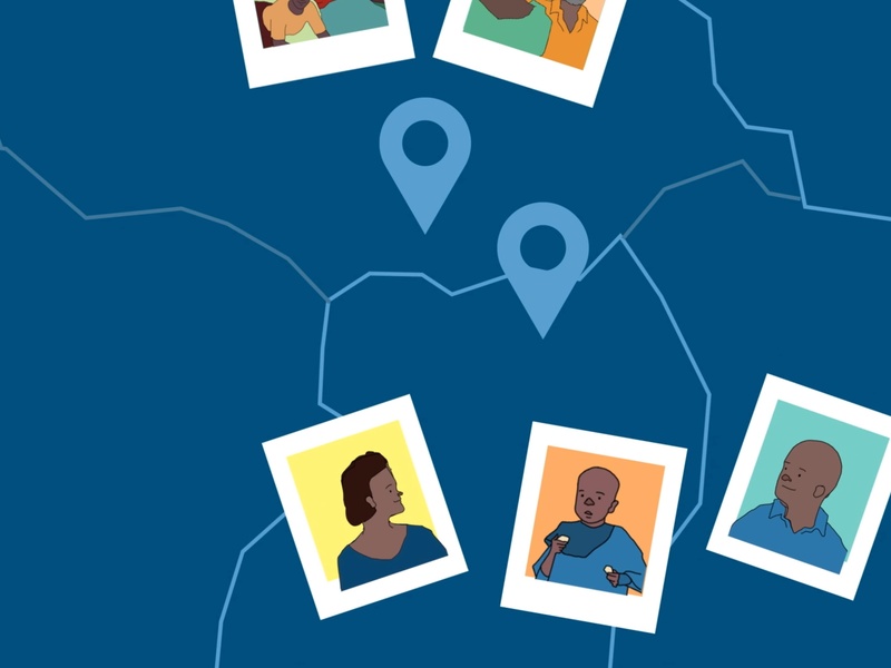 Illustration of refugee pictures pinned on a map.