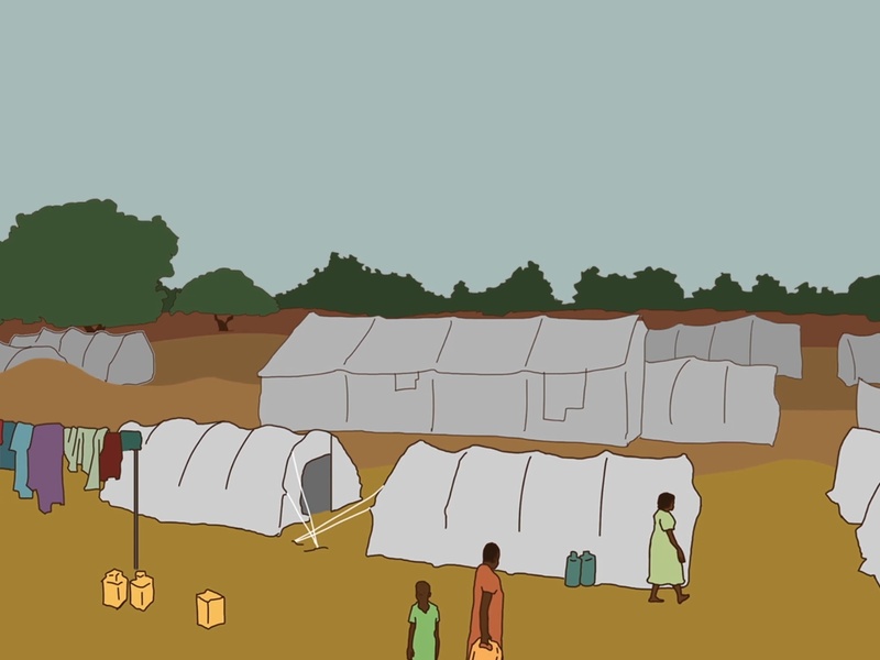 Illustration of a refugee camp.