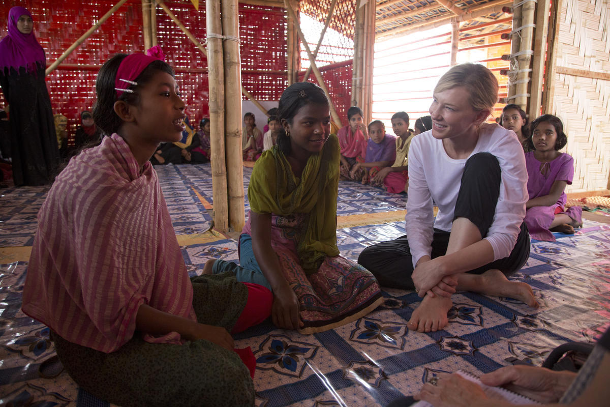 Bangladesh. UNHCR Goodwill Ambassador Cate Blanchett meets young Rohingya refugees at a UNHCR funded Temporary Learning Centre run by UNHCR Implementing Partner: CODEC in Kutupalong refugee settlement