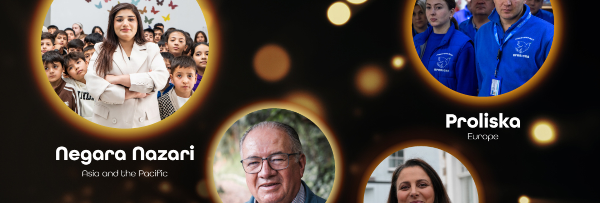 Four round images of people with text on a black background 