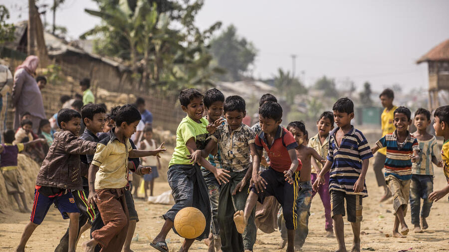 Bangladesh. Rohingya children play football in Kutupalong camp
