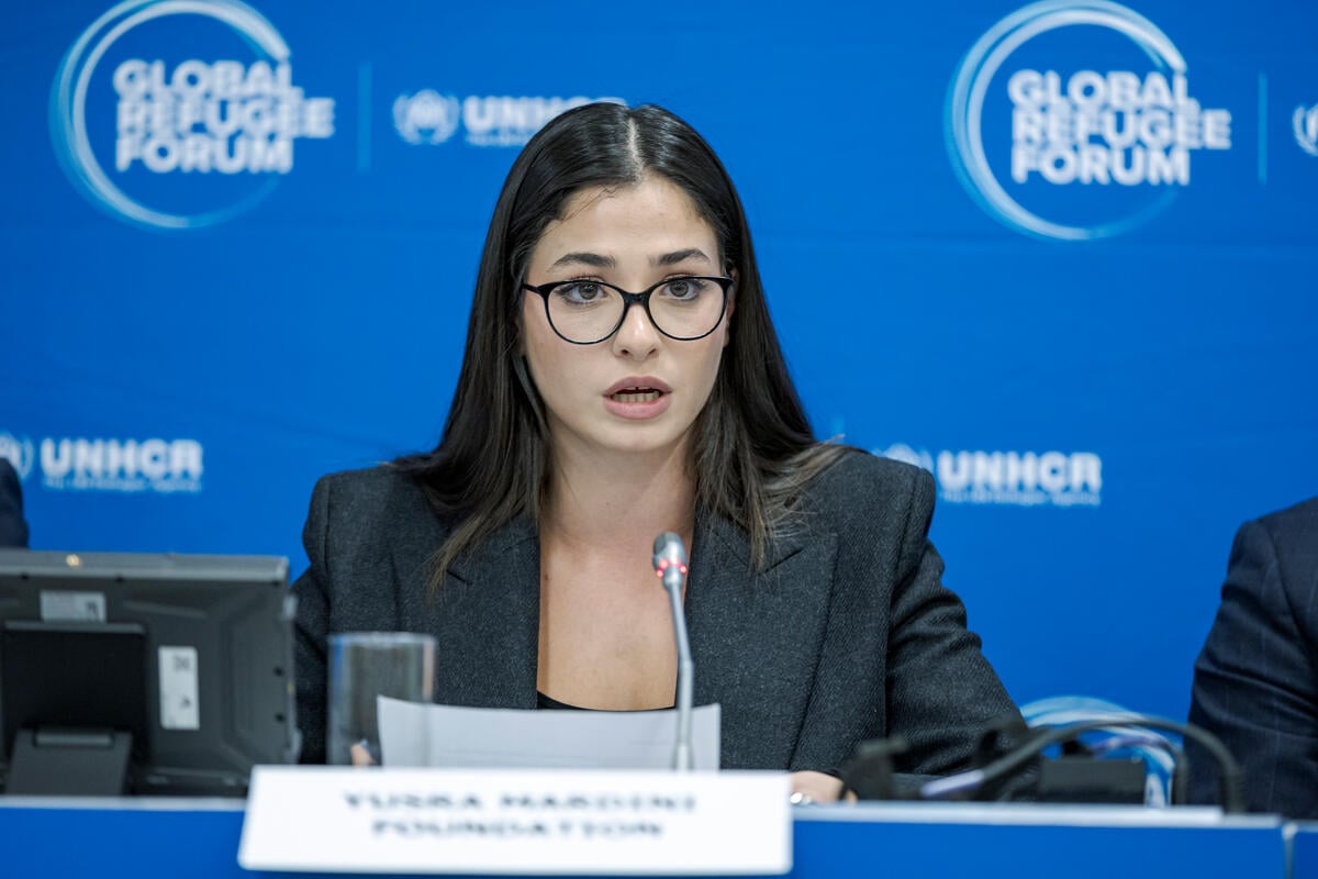 Yusra Mardini speaks at the High-Level Event.