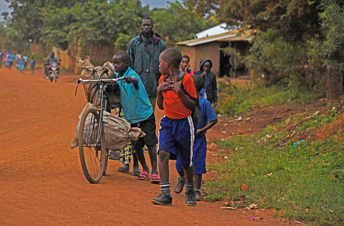 Uganda. Young refugee pupils walk to school in Kyangwali refugee settlement in Hoima District