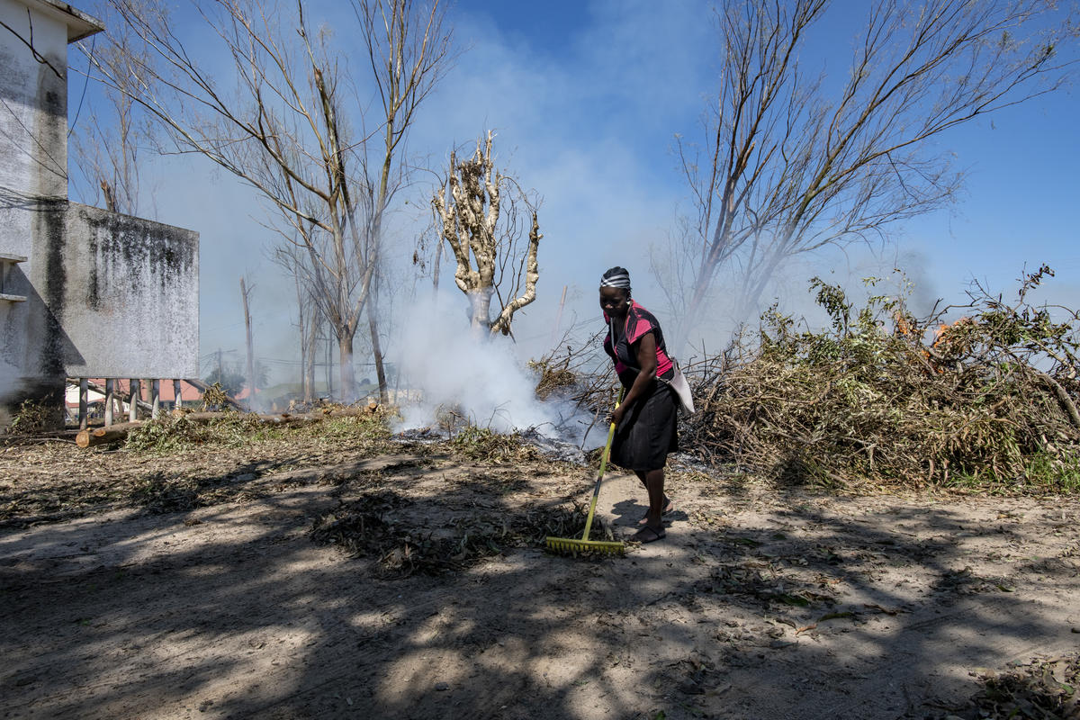 Mozambique. A woman cleans fallen branches and leaves