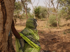 A woman leans against a tree looking out into the scrubland.