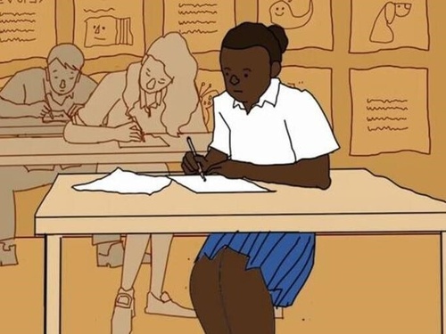 An illustration of a young girl in a classroom sitting at a desk and writing.