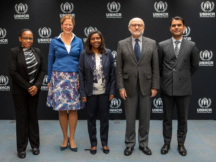 Current members of the Executive Committee Bureau, pictured at UNHCR Headquarters in Geneva, November 2022. From left to right: A. Keah, H.E. Ms. K. Stasch, H.E. Ms. K. Ahmed Hassan, H.E. Mr. E. Izquierdo Miño and Mr. S. Gul.
