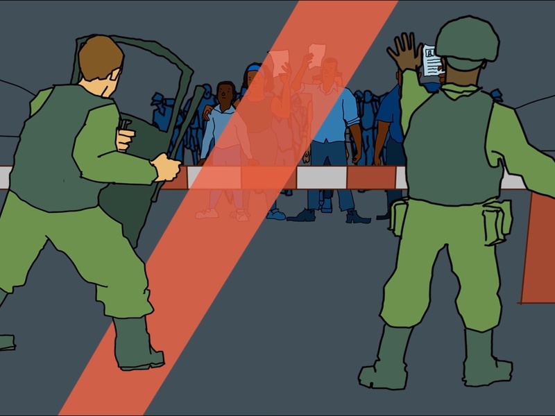 Illustration of two soldiers preventing a group of refugees to cross a road.