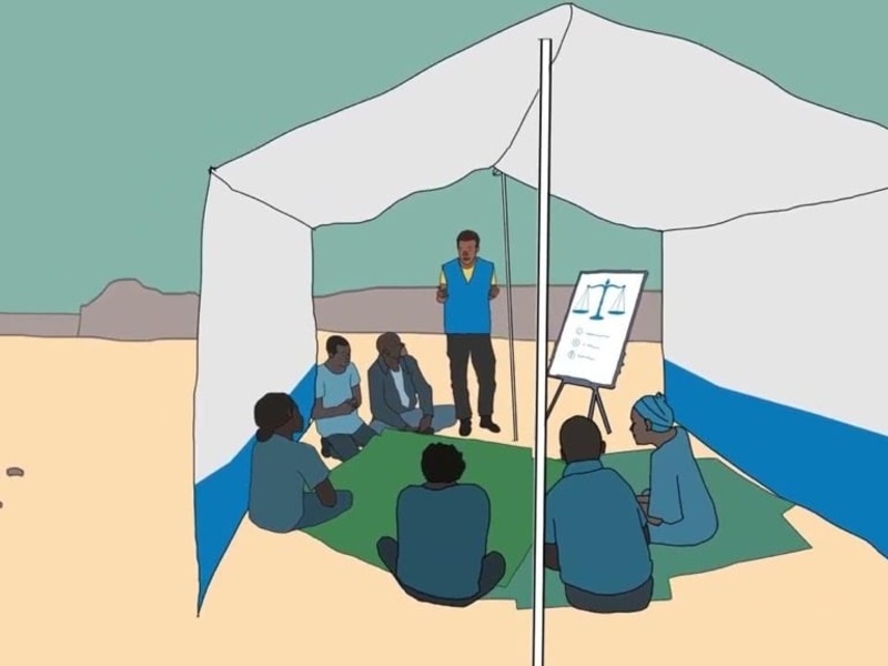 Illustration of a group of refugees sitting on a rug inside a tent.