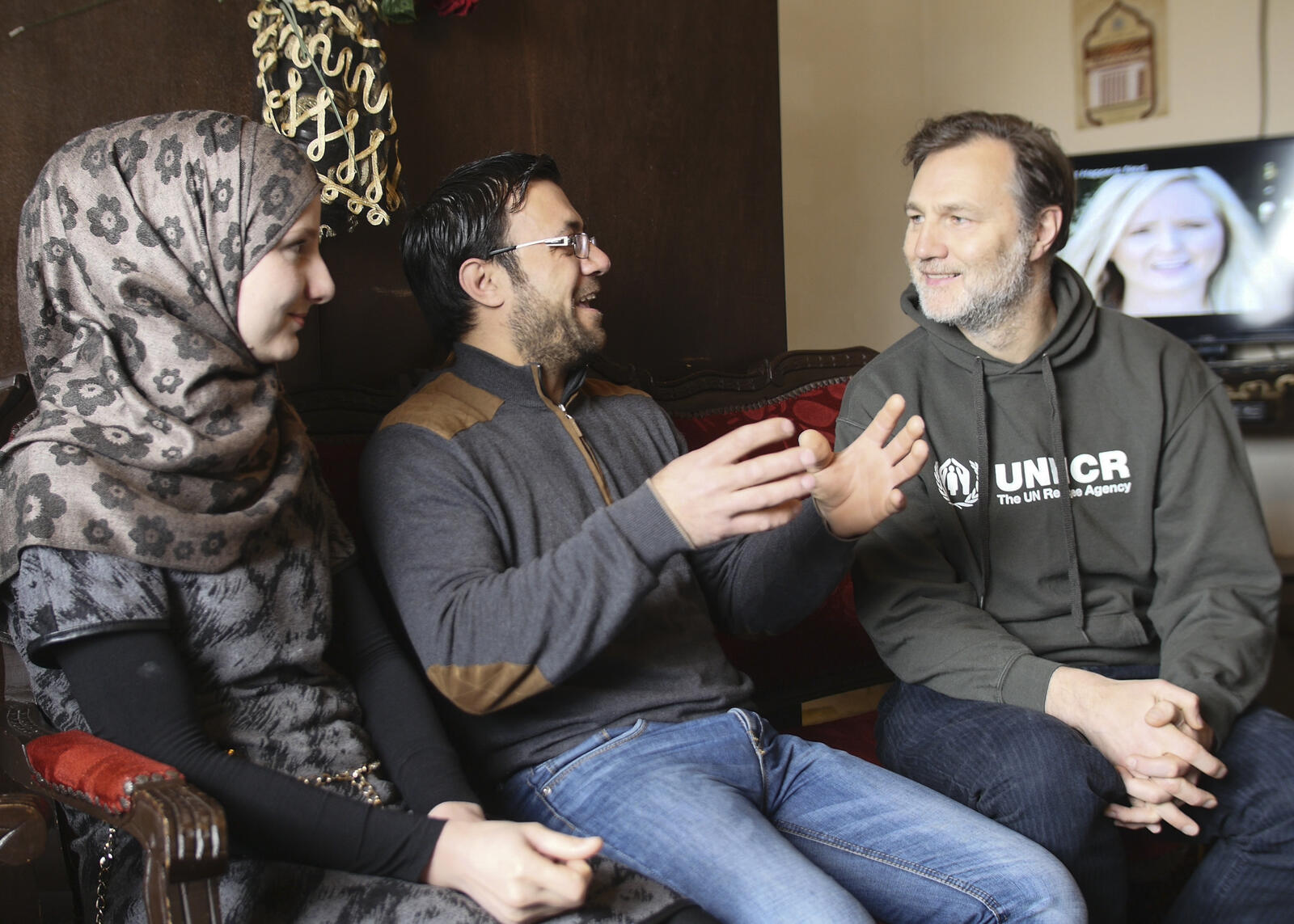 UNHCR Goodwill Ambassador David Morrissey meets Syrian refugees Talal Khaled Marwan (aged 32), his wife Maha (26) and their son Hisham in Lebanon