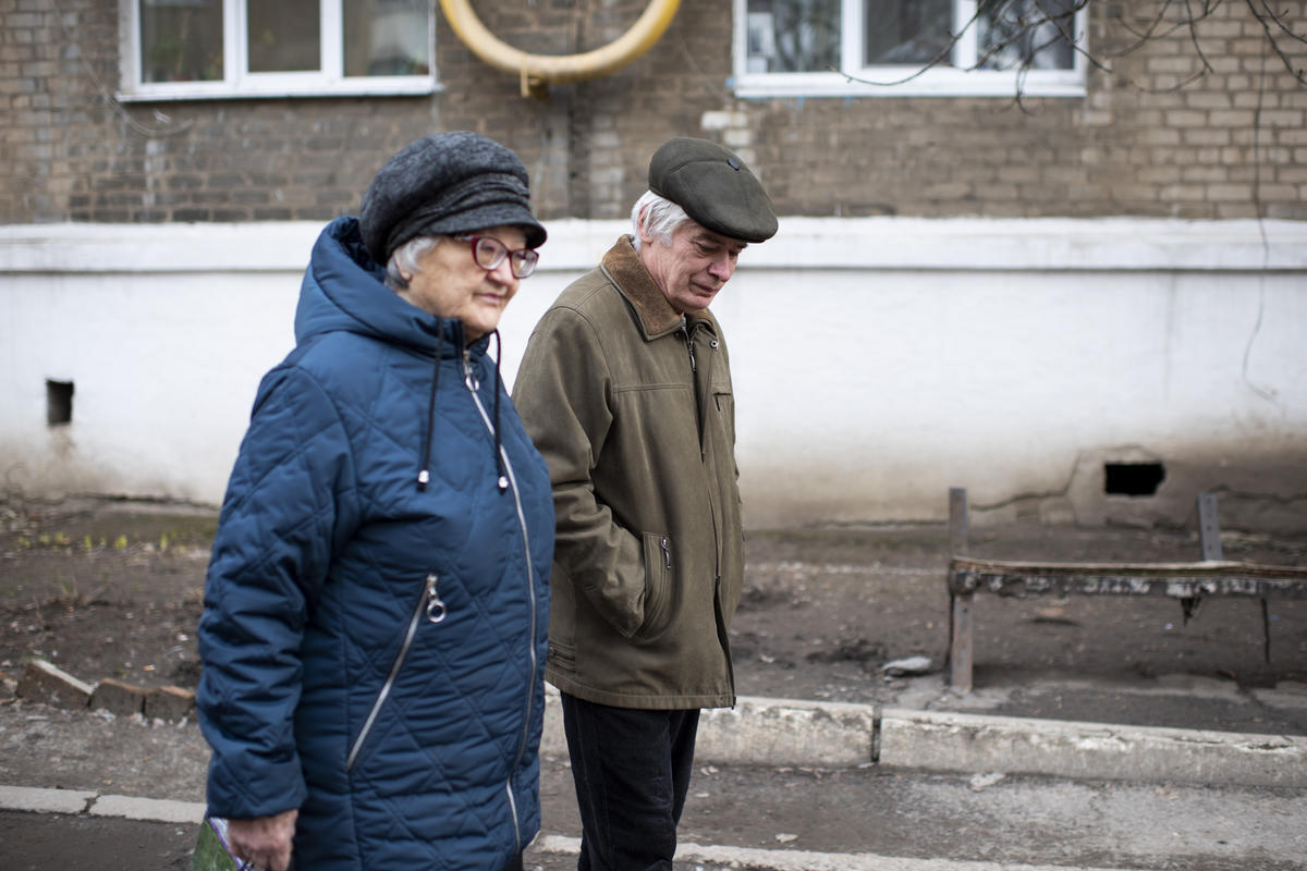 Ukraine. Internally displaced persons stand outside the apartment they are renting on the government-controlled side of the Donbas area