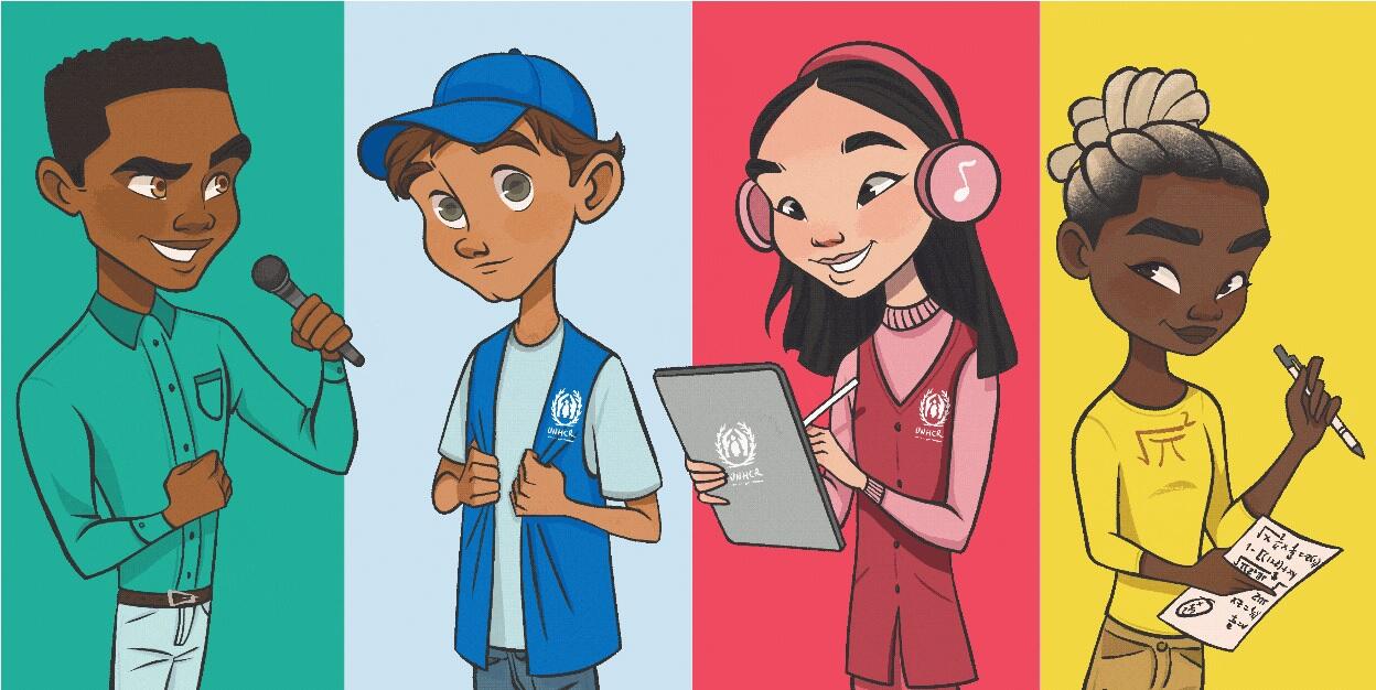 A cartoon of four young people, one with a microphone, one with a UNHCR vest, one holding a a tablet and one with a pen and paper. 