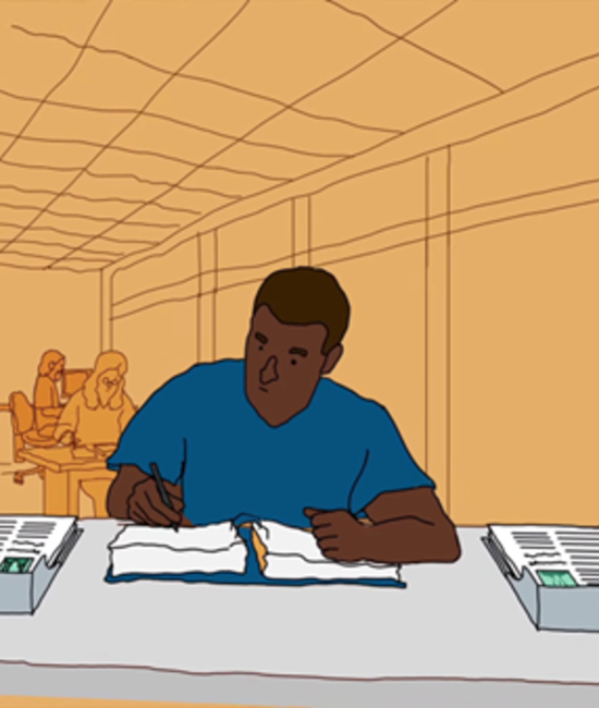 Illustration of a man sitting at a desk and writing on a notebook.