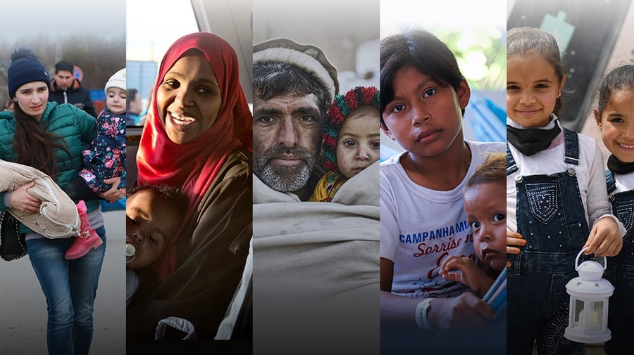 A collage of refugees and displaced people, featuring several adults and children.