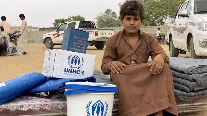 De elfjarige Ghassan ontvangt bijstand van UNHCR. Samen met zijn famillie moest hij vanwege toenemend geweld van Hajjah naar een veiligere regio in Jemen vluchten.