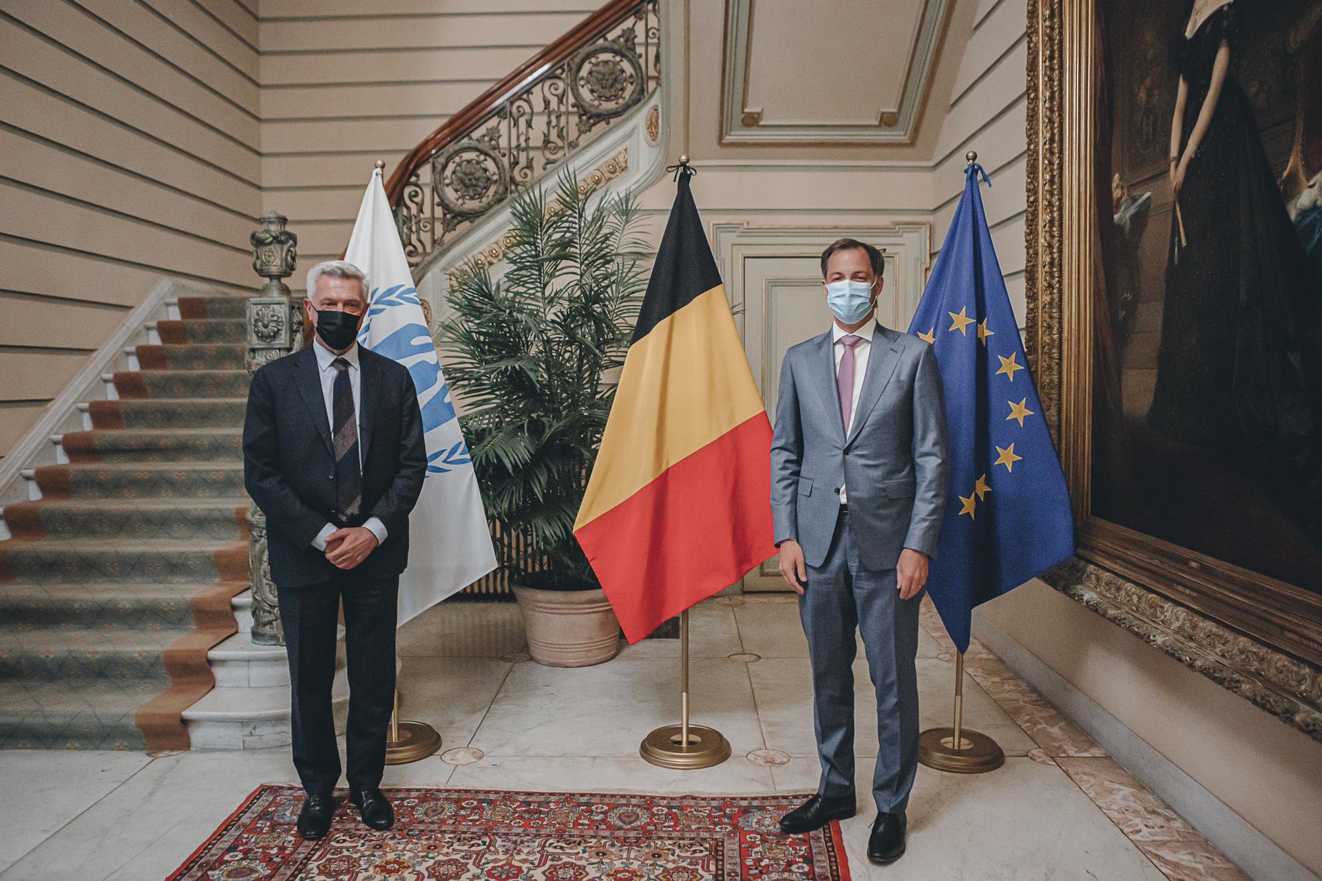 Hoge Commissaris Filippo Grandi en premier Alexander De Croo. © FOD Kanselarij van de Eerste Minister