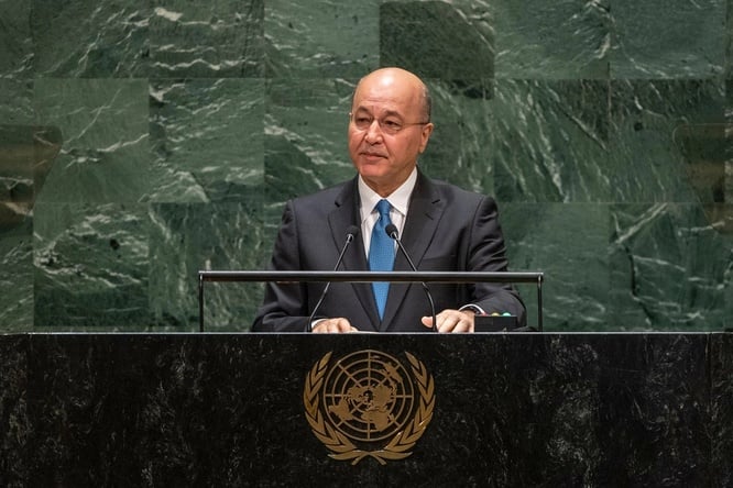 Former President of Iraq Barham Salih addresses the UN General Assembly in New York in 2019.