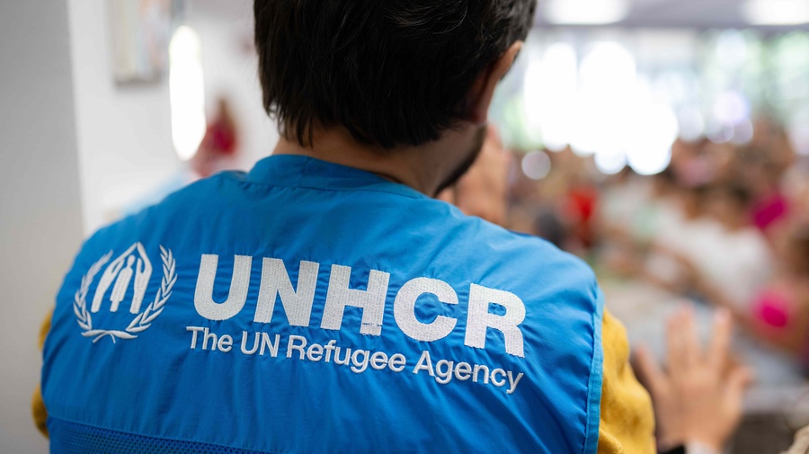 We can see the back of a UNHCR staff wearing a blue vest with the agency logo 