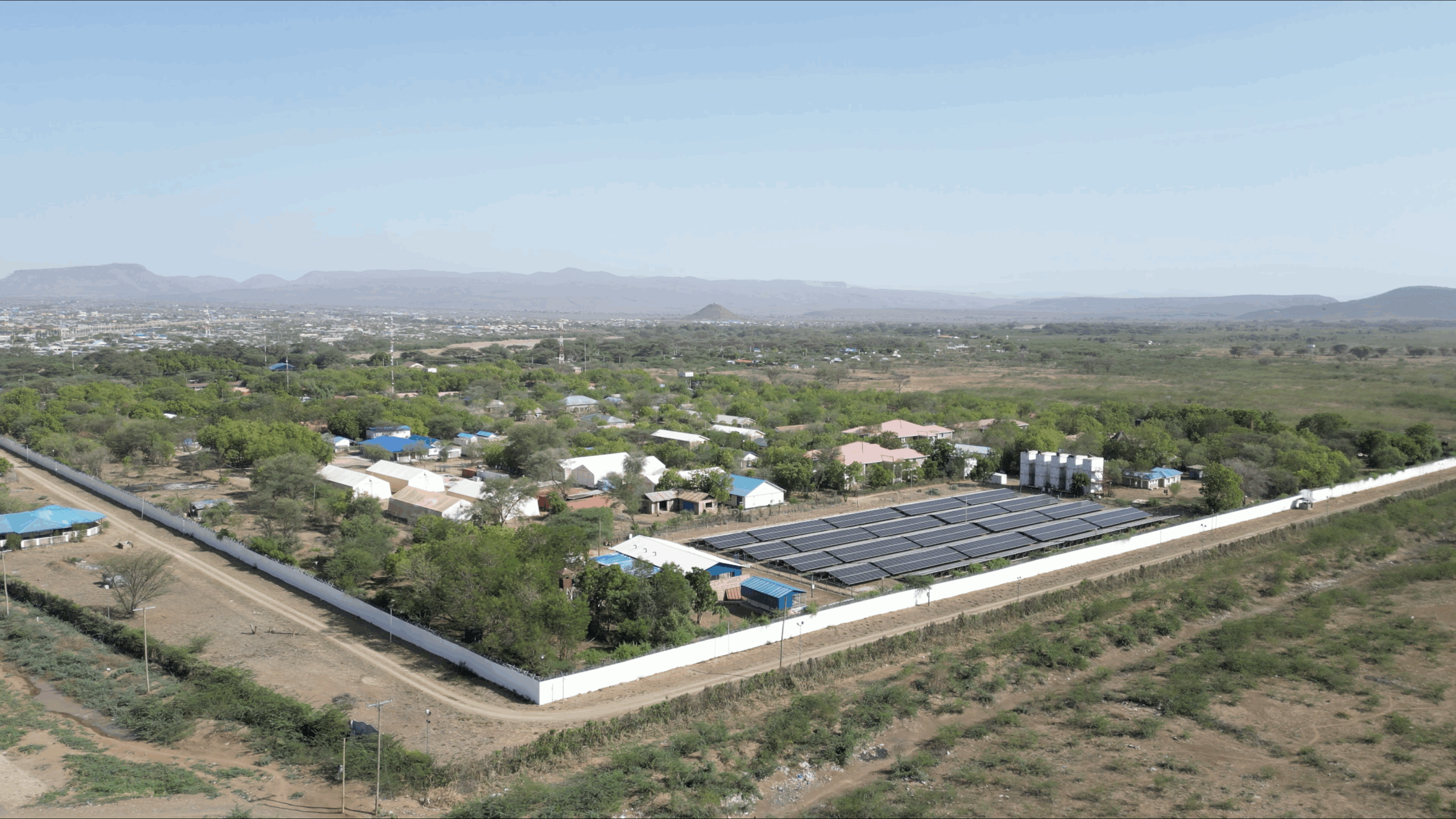 Aerial view of the solar plant in the UNHCR Kakuma Sub-Office compound.